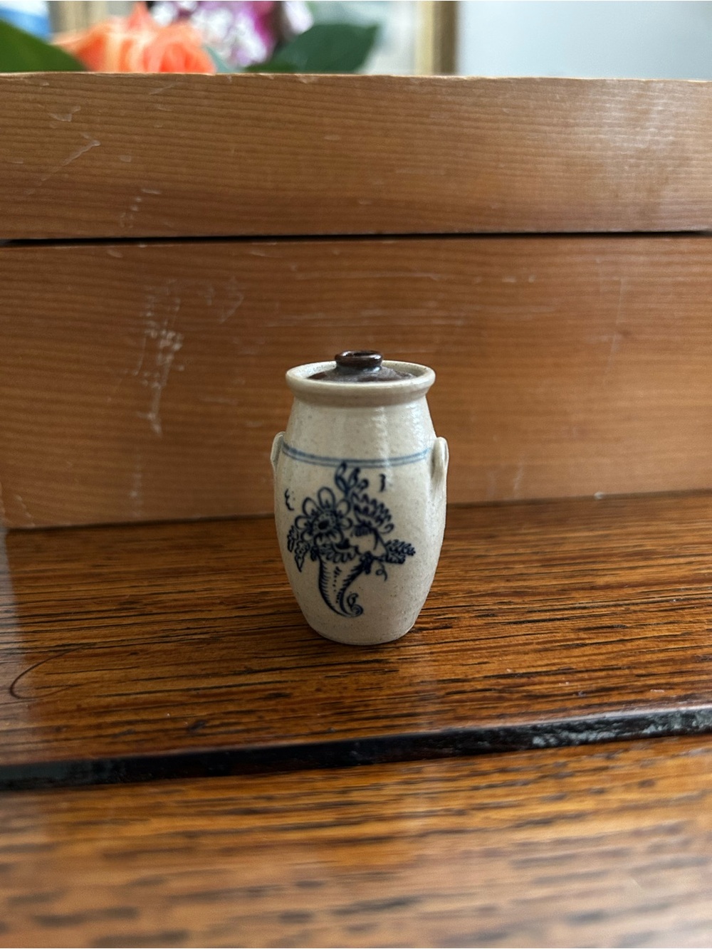 Cream Ceramic Mini Jar with Blue Floral Design